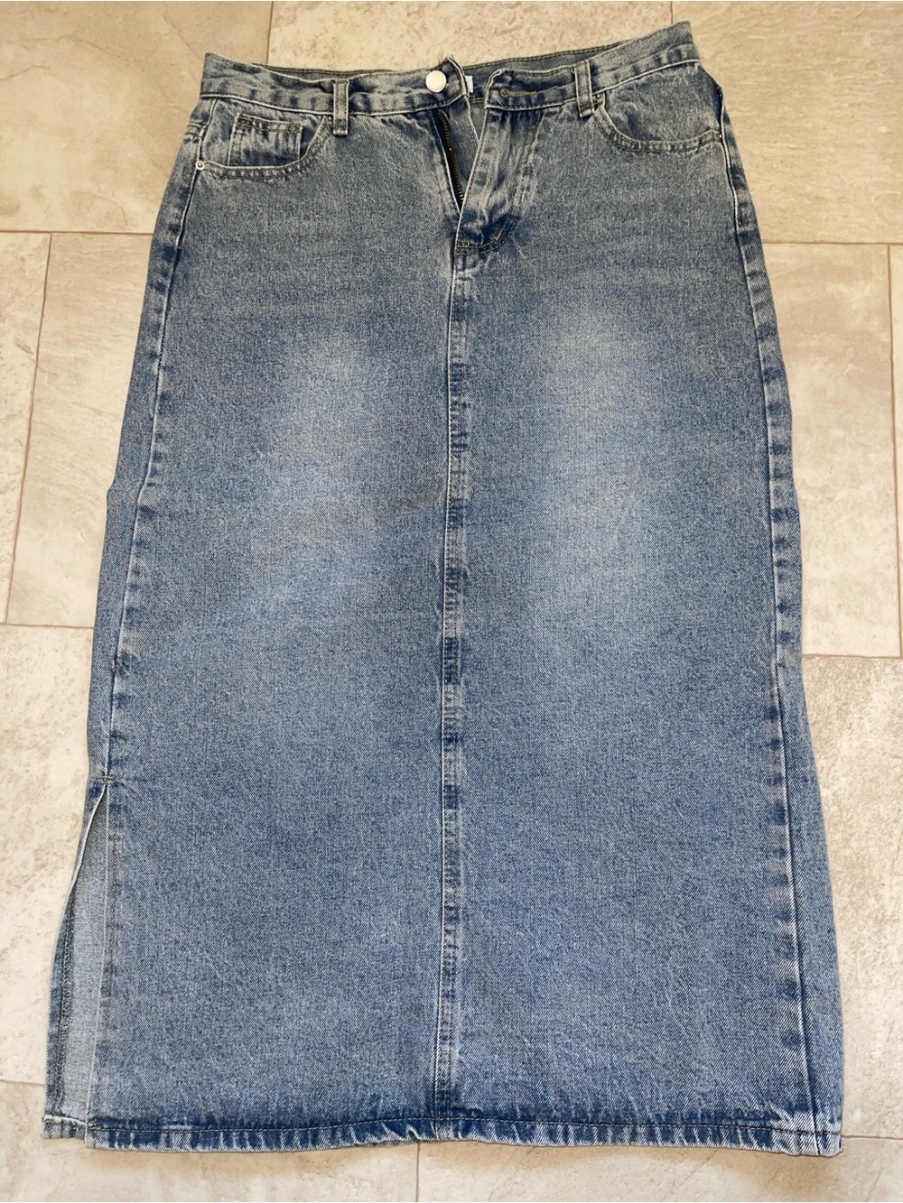 OAK + FORT Denim Midi Skirt – Size 30 – Light Wash